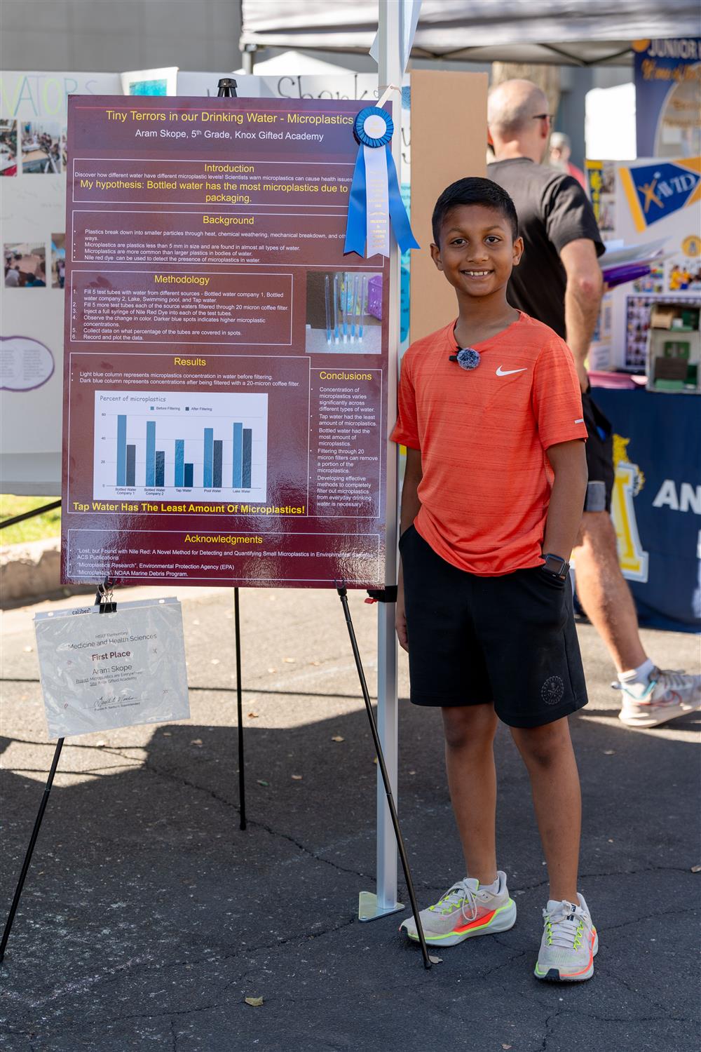 A student stands by a poster of data.